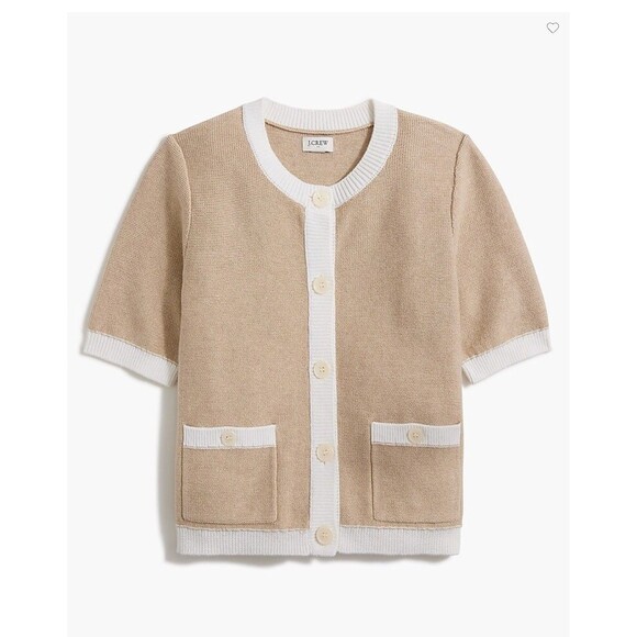 J.CREW Short-Sleeve Cardigan Sweater XS Heather Light Khaki White Collar NWT B63 - Picture 6 of 6